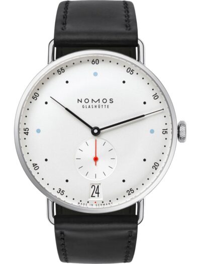 Nomos wristwatch with stainless steel case, white silver-plated dial, and black Horween Genuine Shell Cordovan strap.