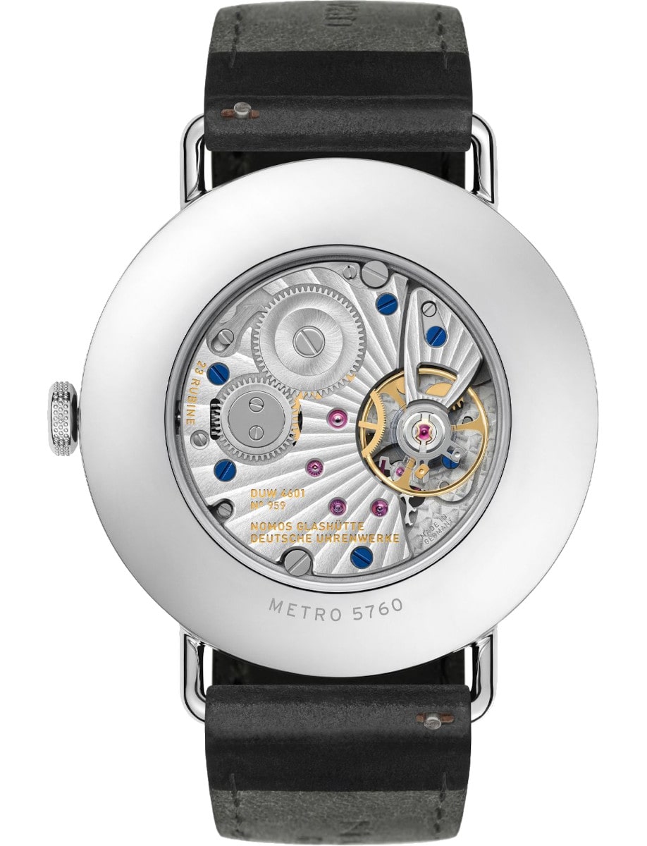 Back view of Nomos wristwatch with stainless steel case, sapphire crystal case back, and black Horween Genuine Shell Cordovan strap.