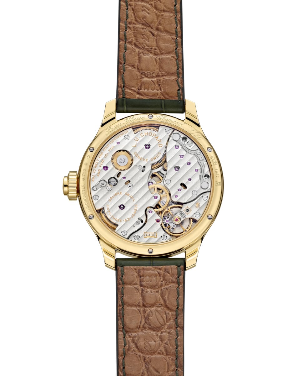 Back view of Chopard wristwatch with 18k yellow gold case and alligator leather strap