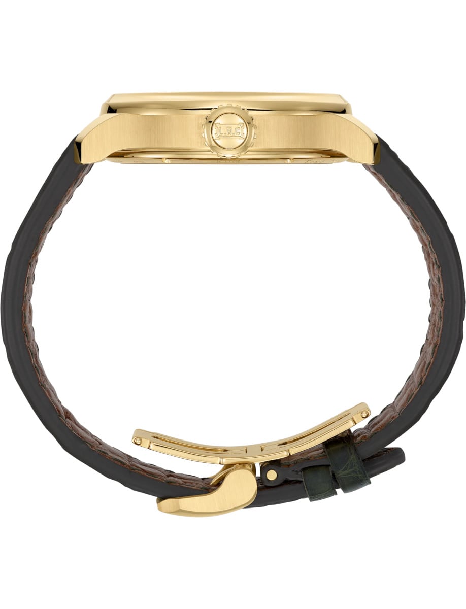 Side view of Chopard wristwatch with 18 yellow gold case and alligator leather strap