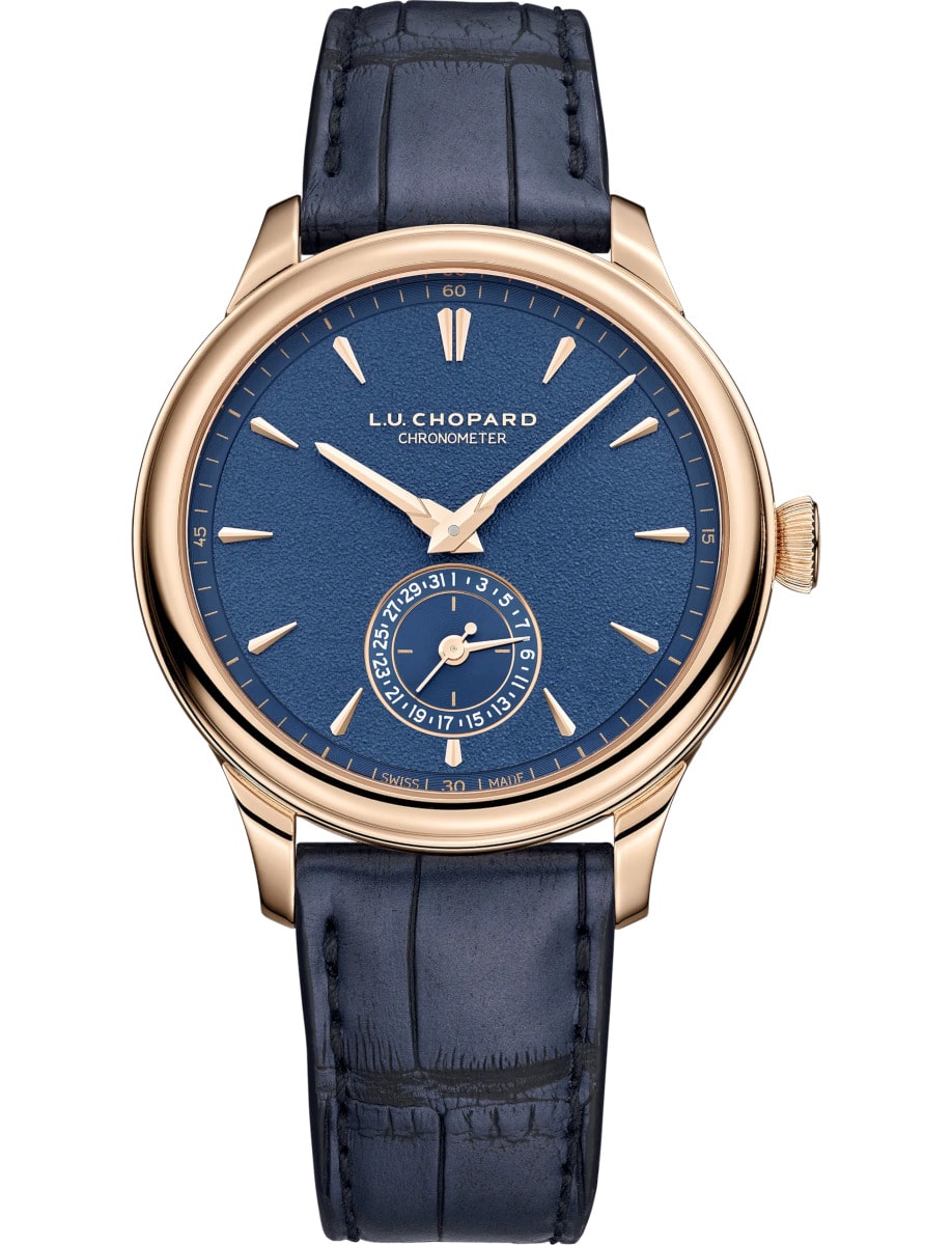 Chopard wristwatch with 18k rose gold case and blue dial