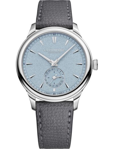 Chopard wristwatch with platinum case, blue dial and leather strap | Feldmar Watch Co. Chopard wristwatch with platinum case, blue dial and leather strap