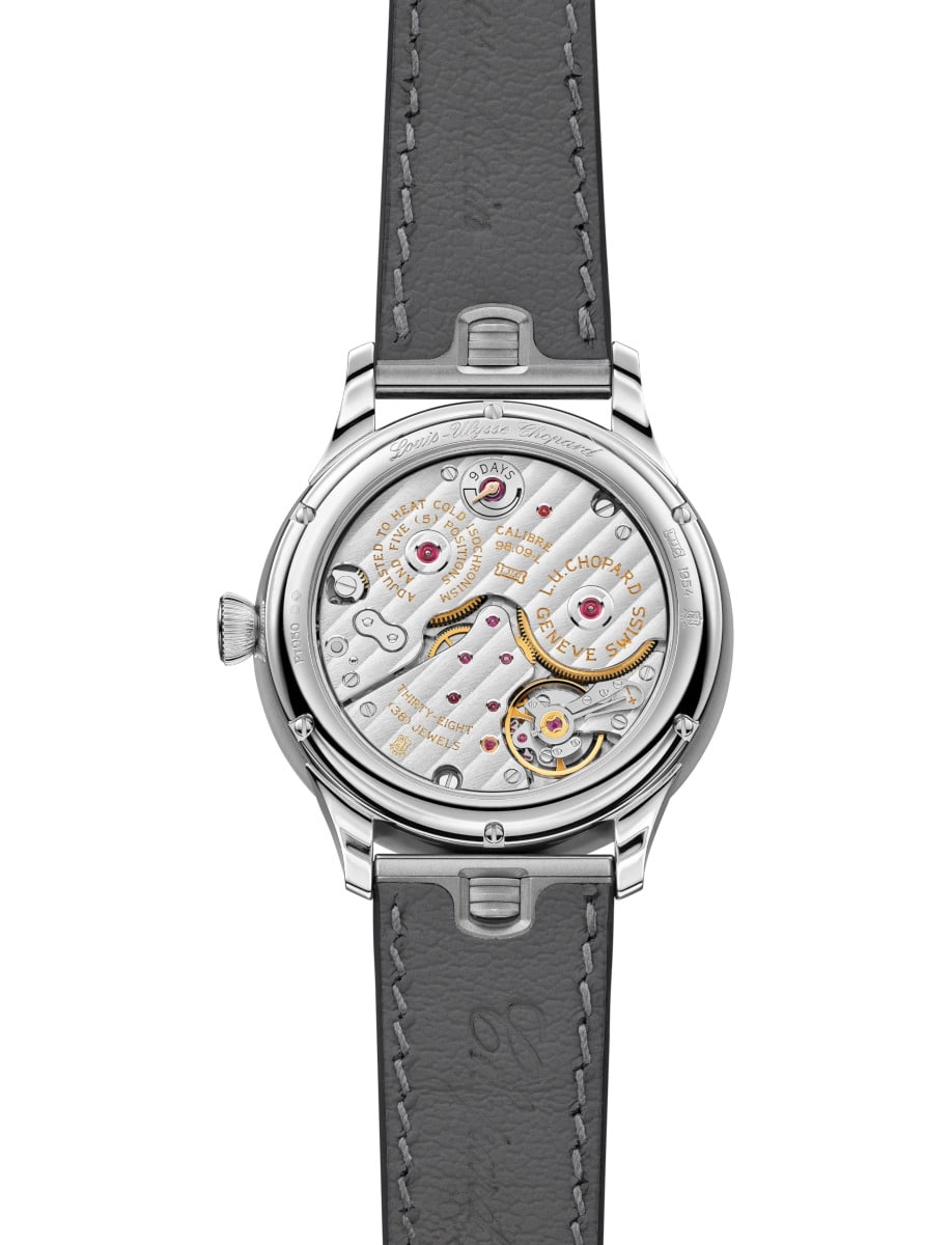 Back view of Chopard wristwatch with platinum case and leather strap
