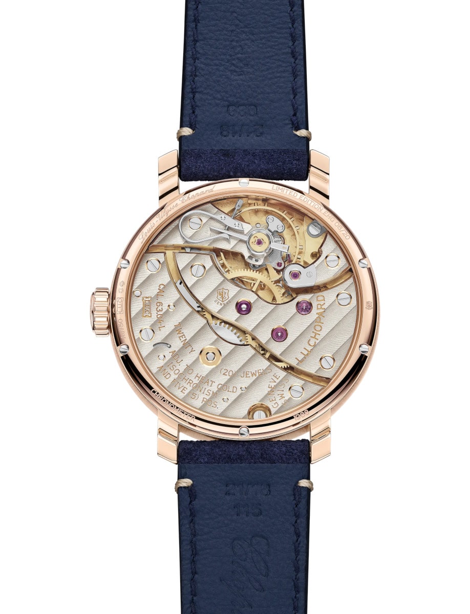 Back view of Chopard wristwatch with 18k rose gold case and blue calfskin strap