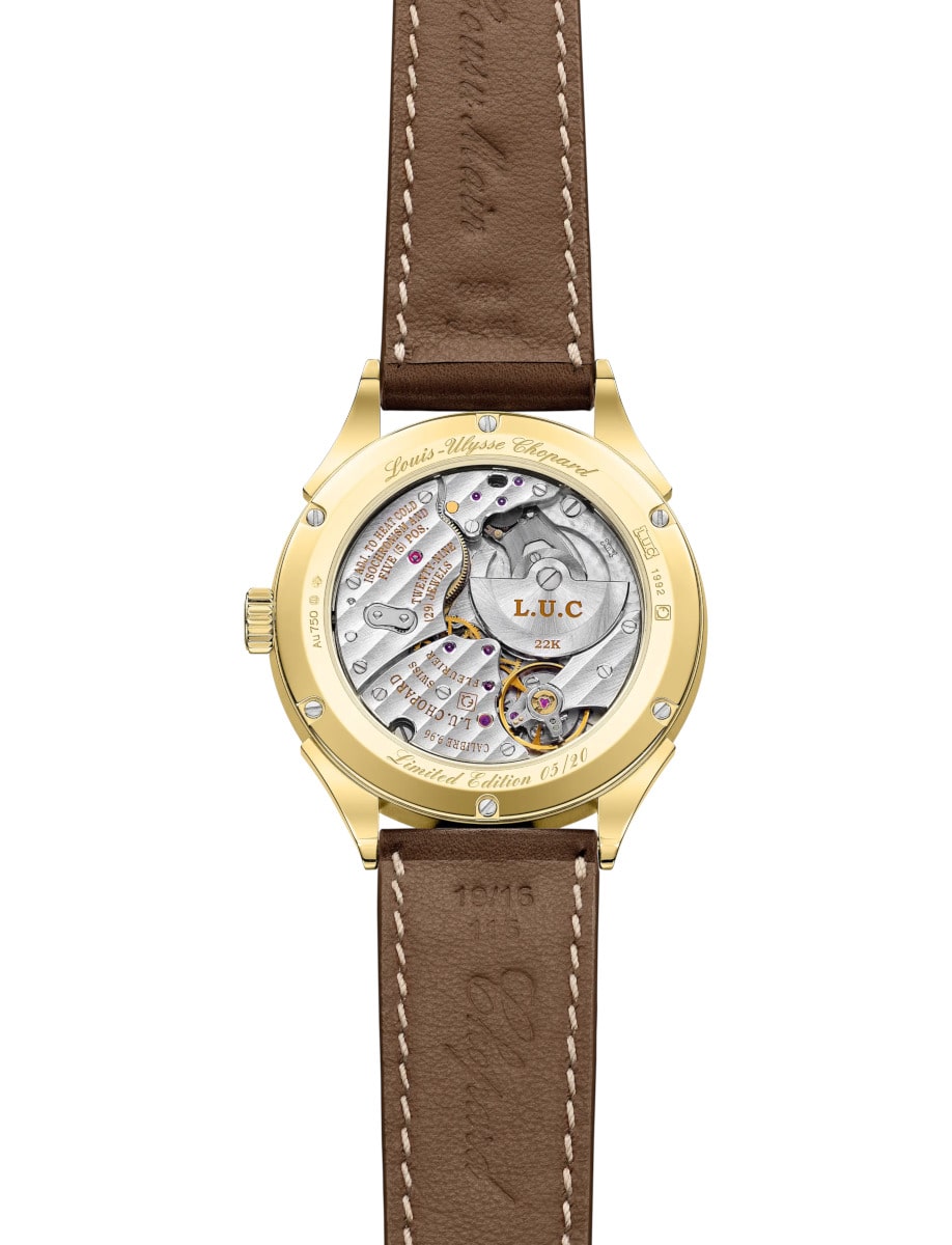 Back view of Chopard wristwatch with 18k yellow gold case and calfskin leather strap