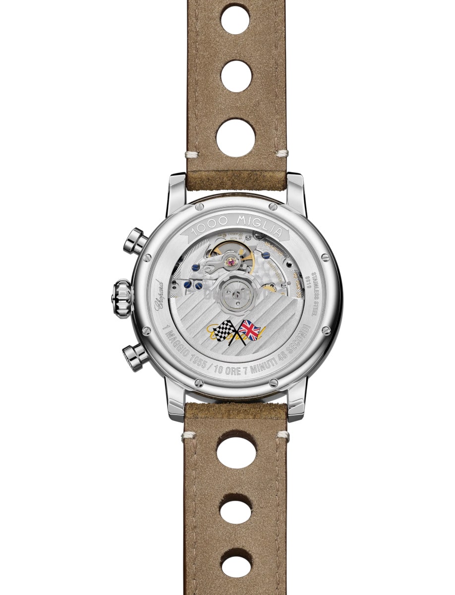 Back view of Chopard wristwatch with stainless steel case and calfskin leather strap
