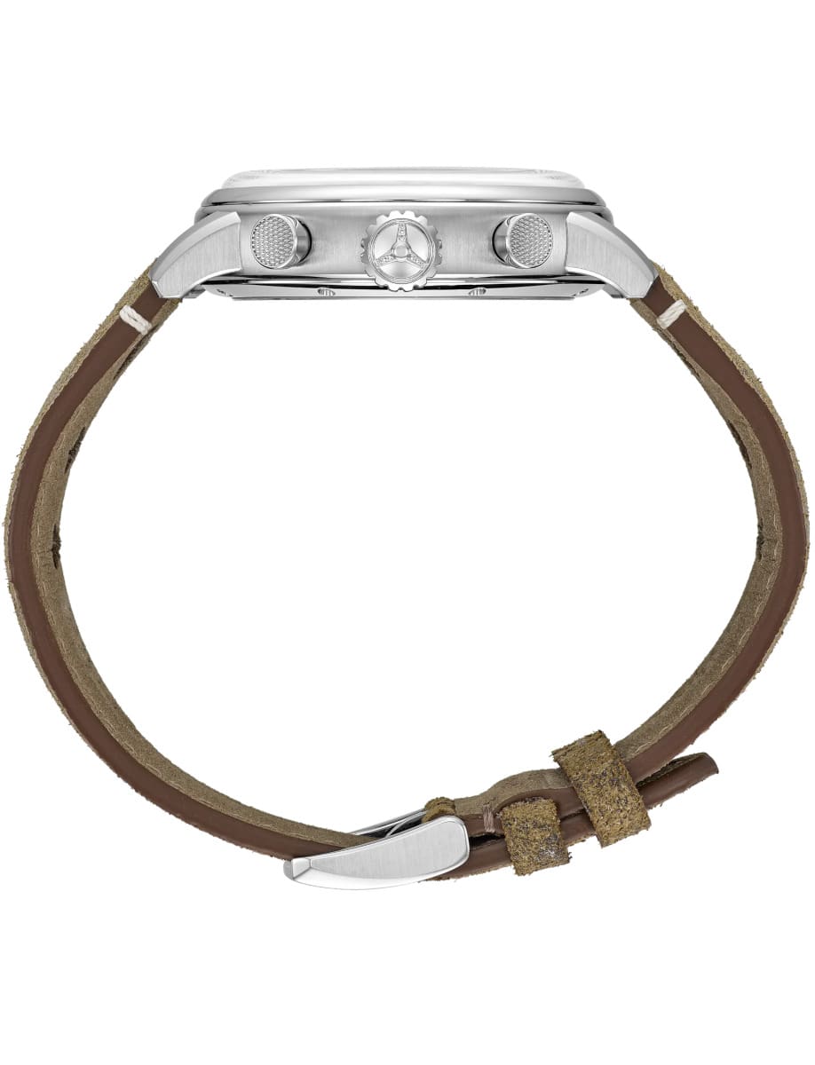 Side view of Chopard wristwath with stainless steel case and calfskin leather strap