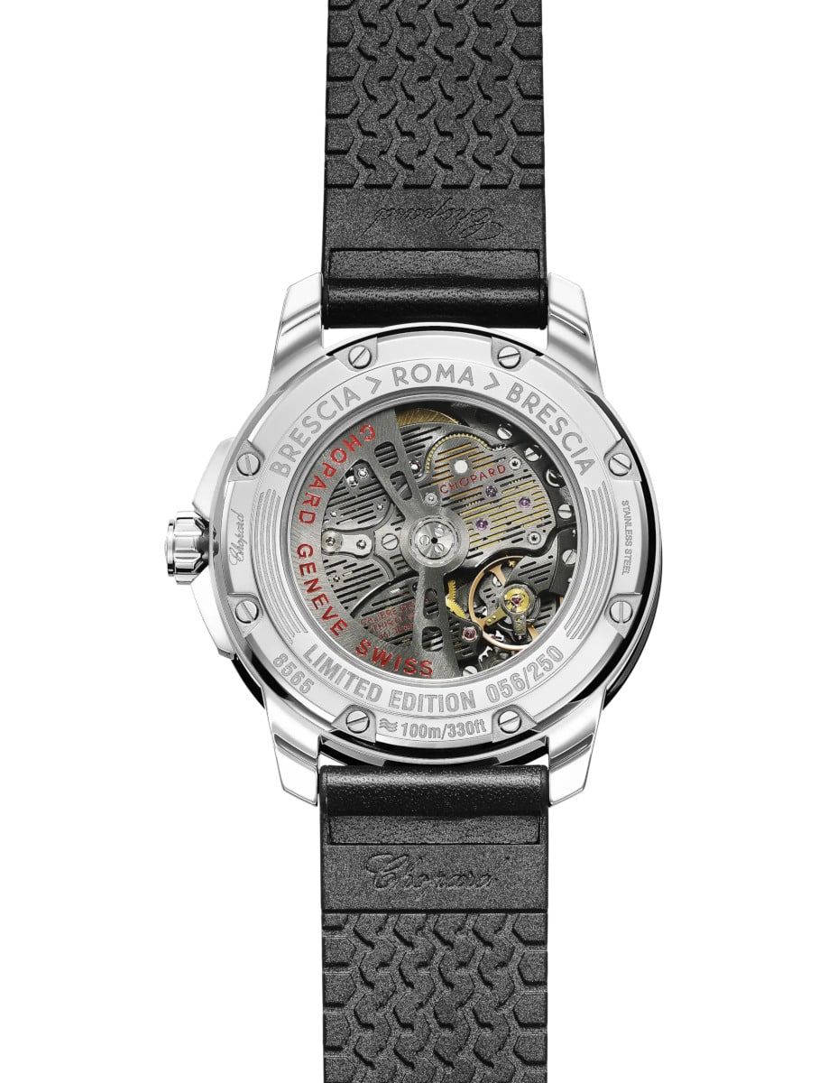Back view of Chopard wristwatch with stainless steel case and calfskin leather strap