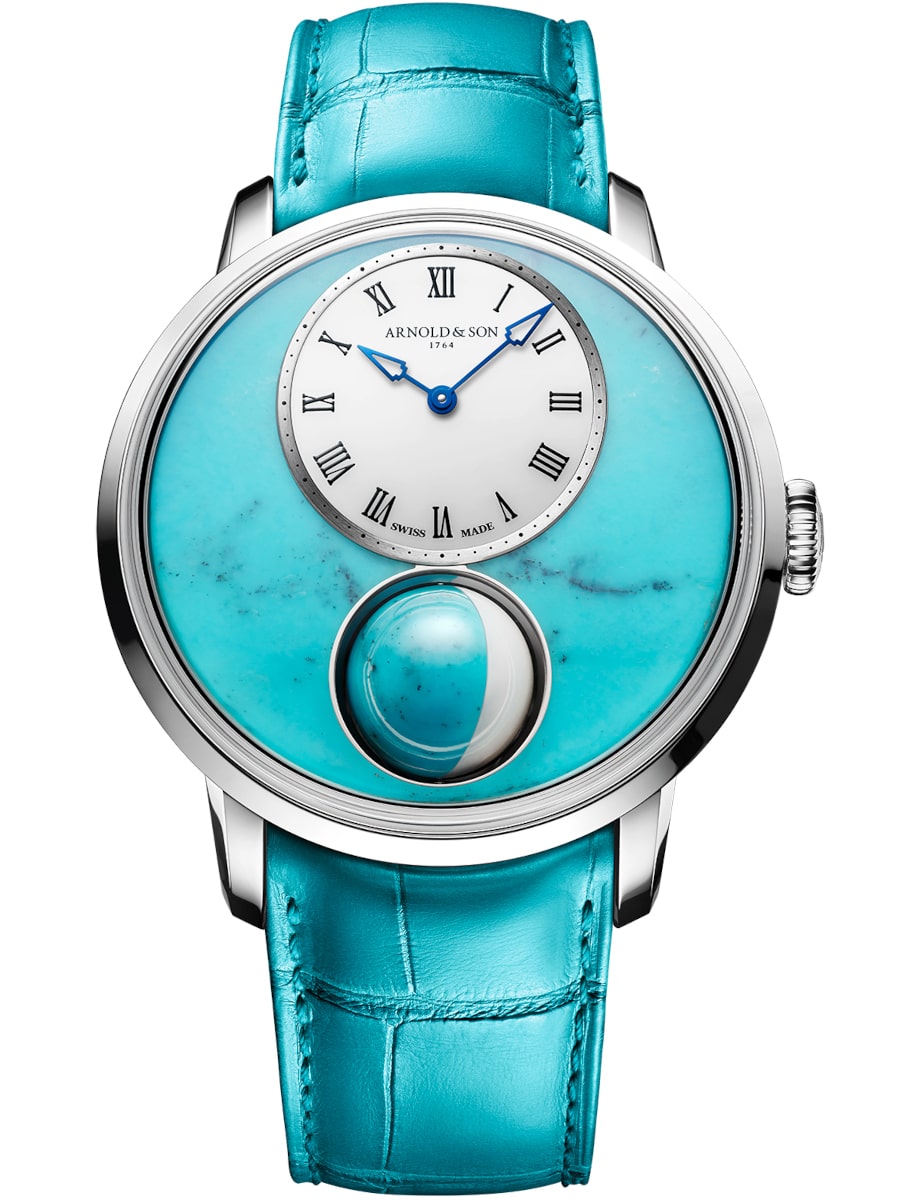 Arnold&Son wristwatch with stainless steel case, turquoise dial and alligator leather strap.