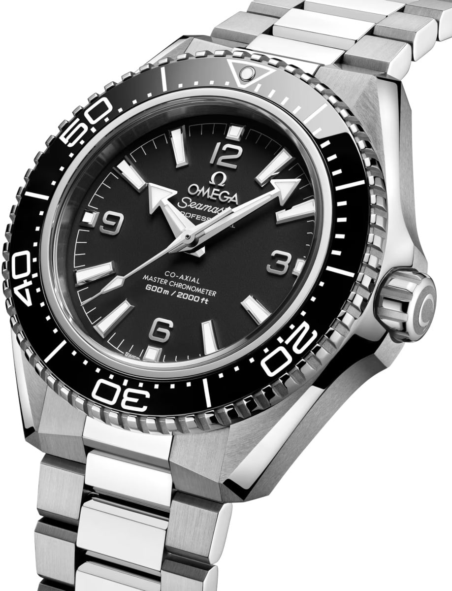 Side view of Omega wristwatch with stainless steel case and bracelet and black dial