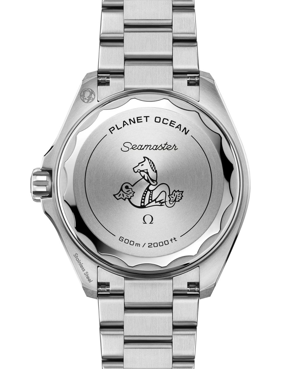 Back view of Omega wristwatch with stainless steel case and bracelet and black dial