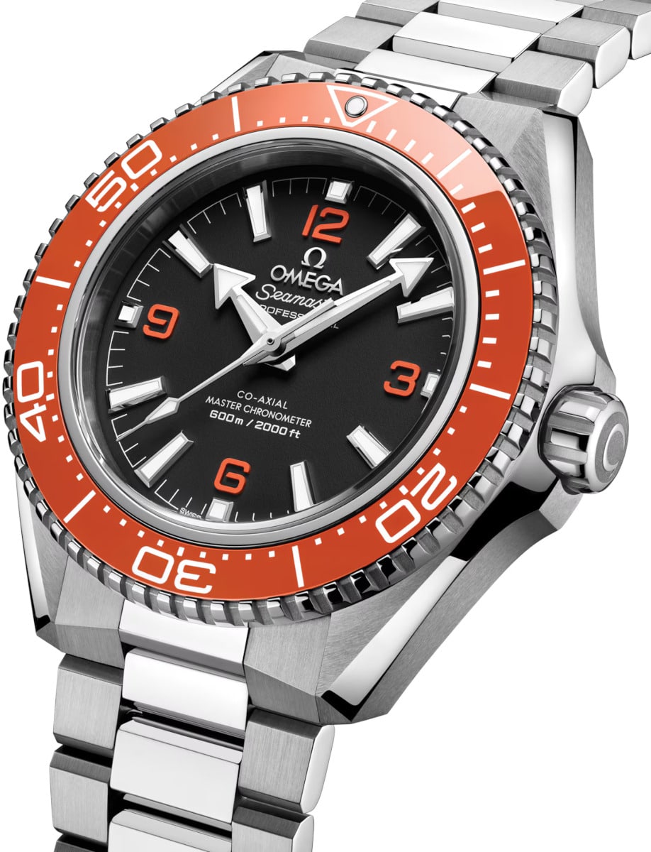 Side view of Omega wristwatch with stainless steel case and bracelet and black dial