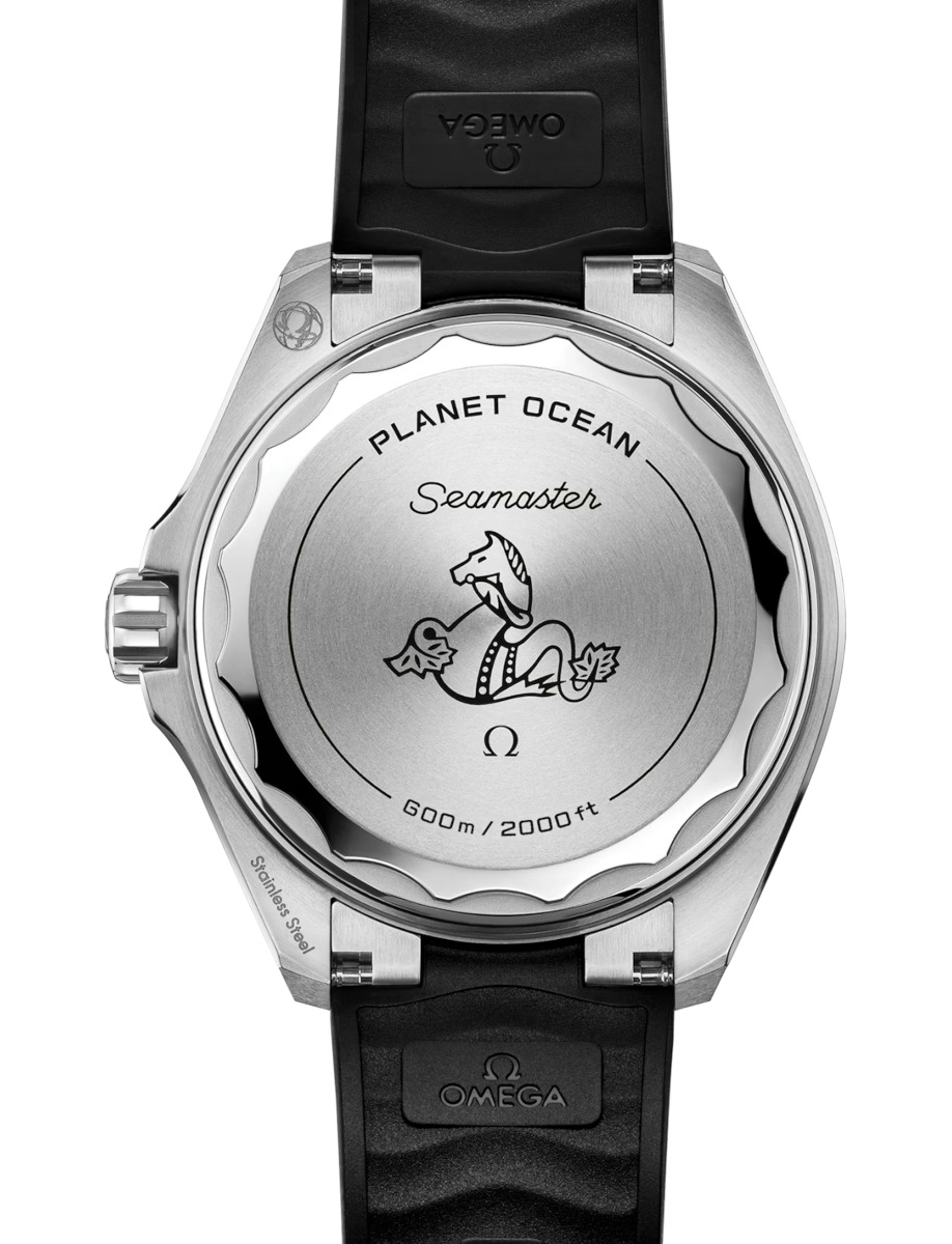 Back view of Omega wristwatch with stainless steel case, black dial and black rubber strap