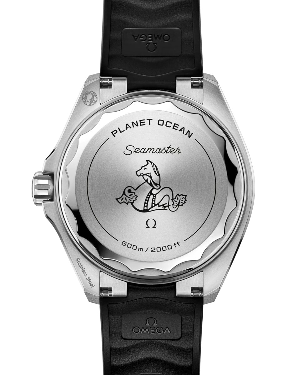 Back view of Omega wristwatch with stainless steel case, black dial and black rubber strap