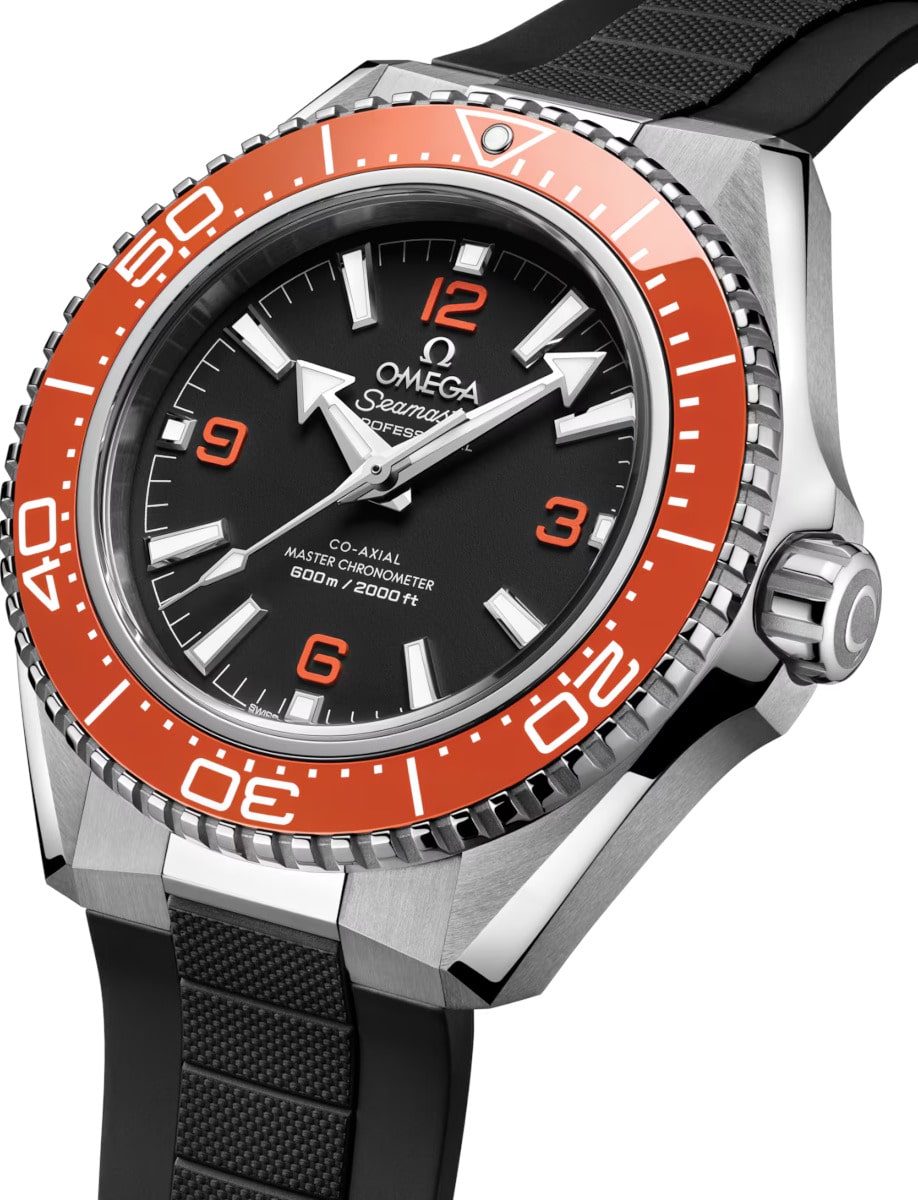 Side view of Omega wristwatch with stainless steel case, black dial and black rubber strap