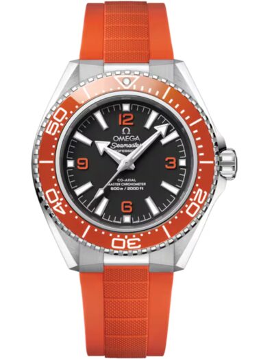 Omega wristwatch with stainless steel case, blak dial and orange rubber strap