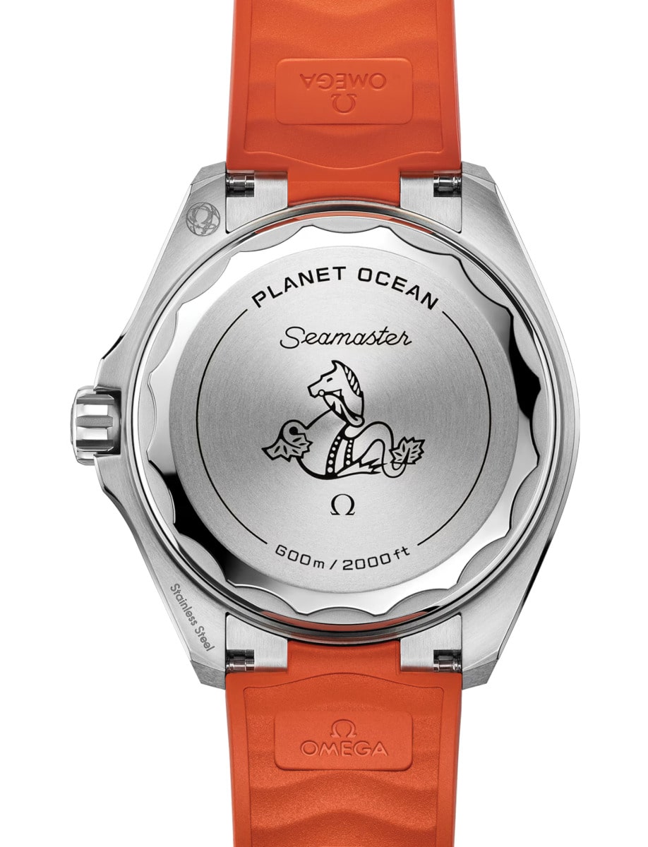 Back view of Omega wristwatch with stainless steel case, blak dial and orange rubber strap