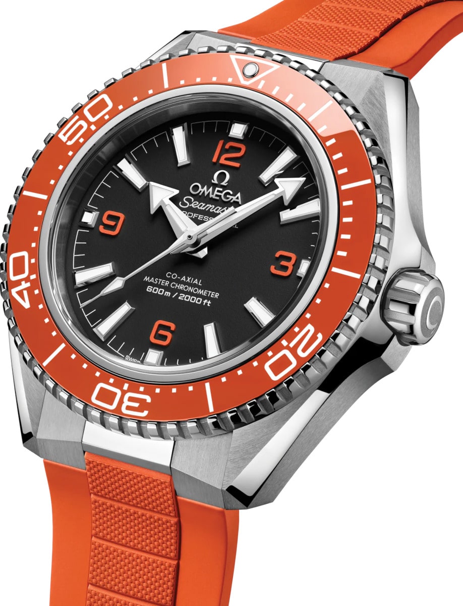 Side view of Omega wristwatch with stainless steel case, blak dial and orange rubber strap