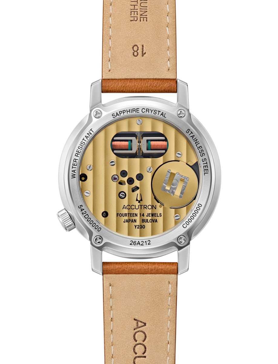 Back view of Accutron wristwatch with stainless steel case, and brown padded Italian calf leather strap.