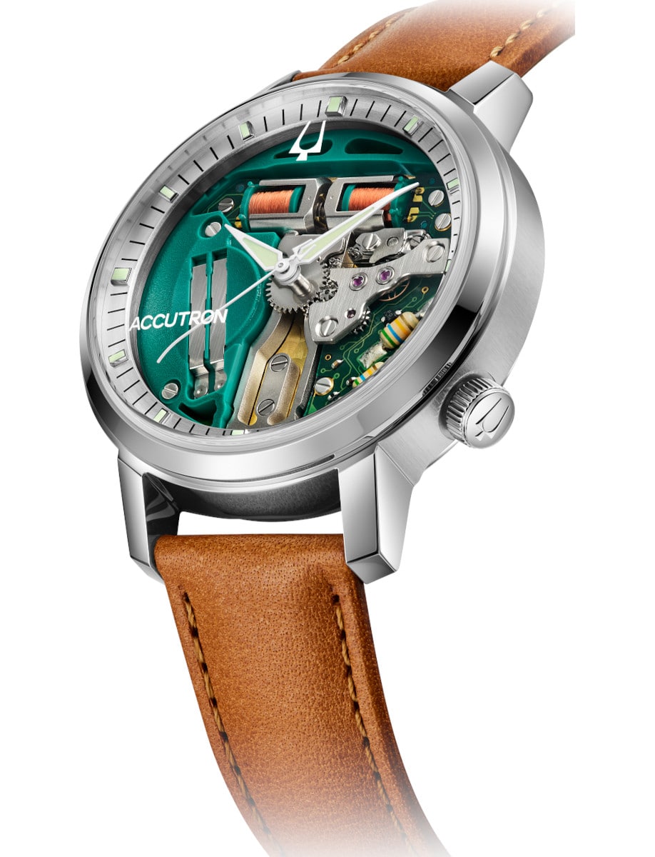 Side view of Accutron wristwatch with stainless steel case, open dial, and brown padded Italian calf leather strap.