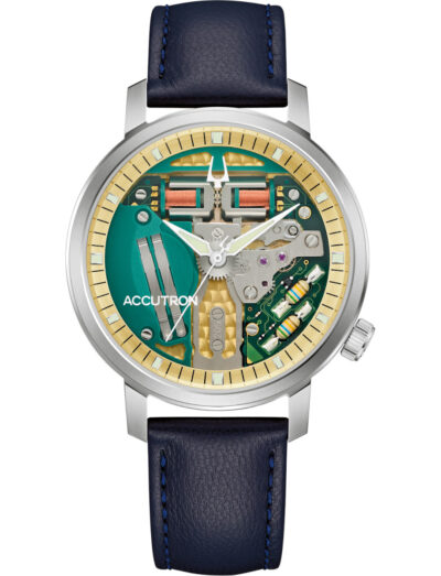 Accutron wristwatch with stainless steel case, open dial, and blue padded Italian calf leather strap.