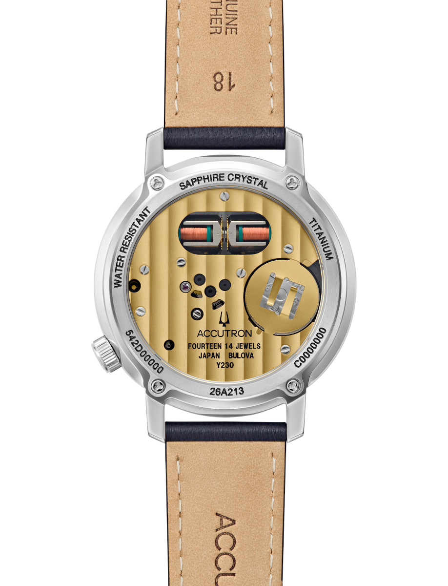 Back view of Accutron wristwatch with stainless steel case, and blue padded Italian calf leather strap.