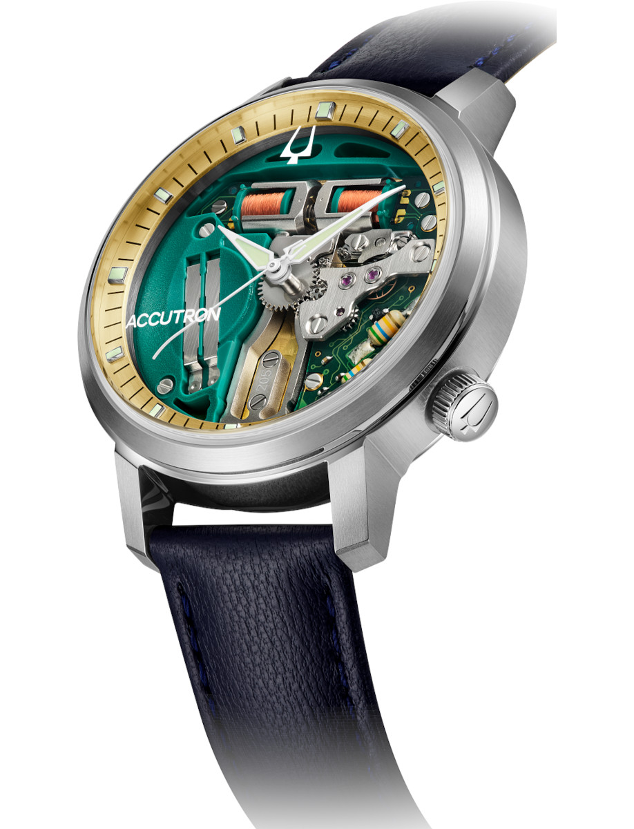 Side view of Accutron wristwatch with stainless steel case, open dial, and blue padded Italian calf leather strap.