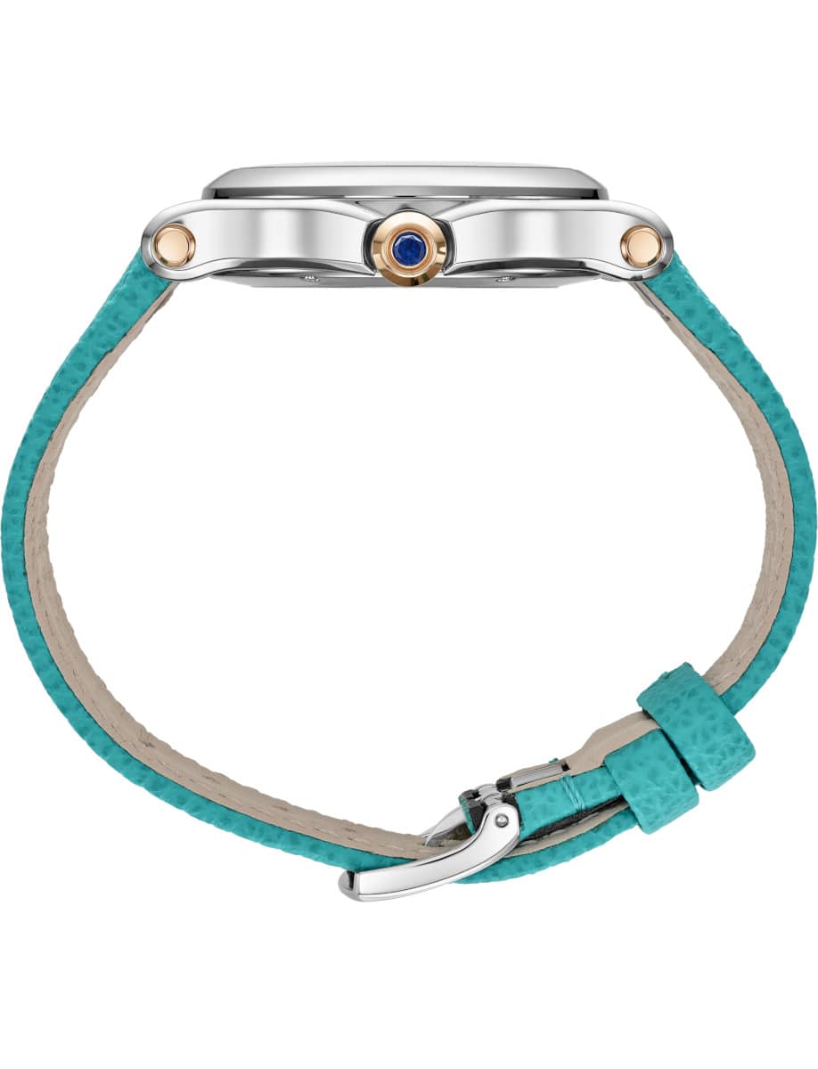 Side view of Chopard wristwatch with 18k rose gold and stainless steel case and calfskin leather strap