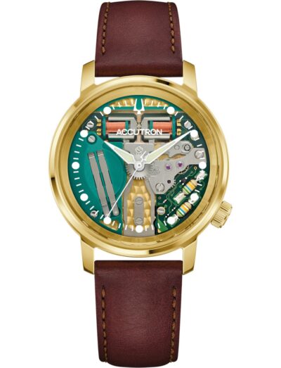 Accutron wristwatch with polished 18k gold case, open dial, and brown padded Italian calf leather strap.