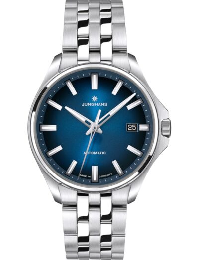 Junghans wristwatch with stainless steel case and bracelet, and blue dial. | Feldmar Watch Co. Junghans wristwatch with stainless steel case and bracelet, and blue dial.