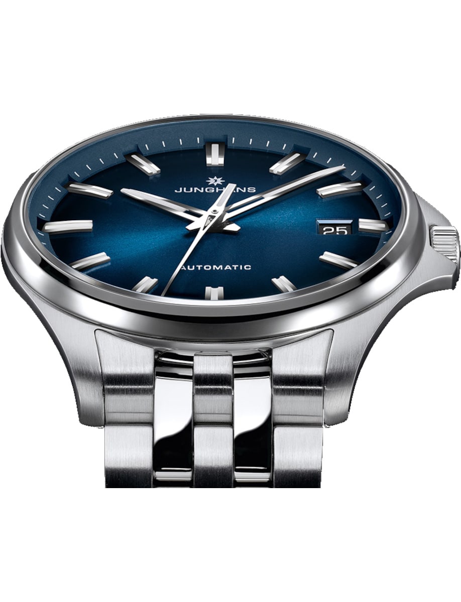 Side view of Junghans wristwatch with stainless steel case and bracelet, and blue dial.