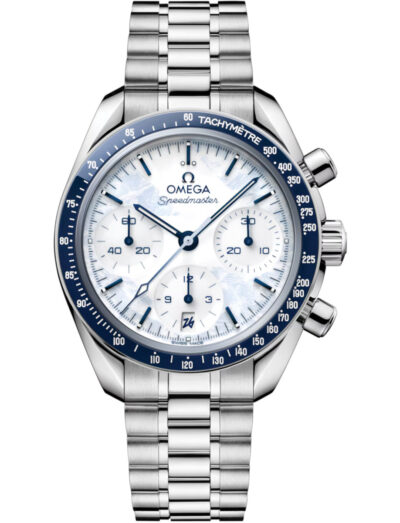 Omega wristwatch with stainless steel case and bracelet, and white dial.