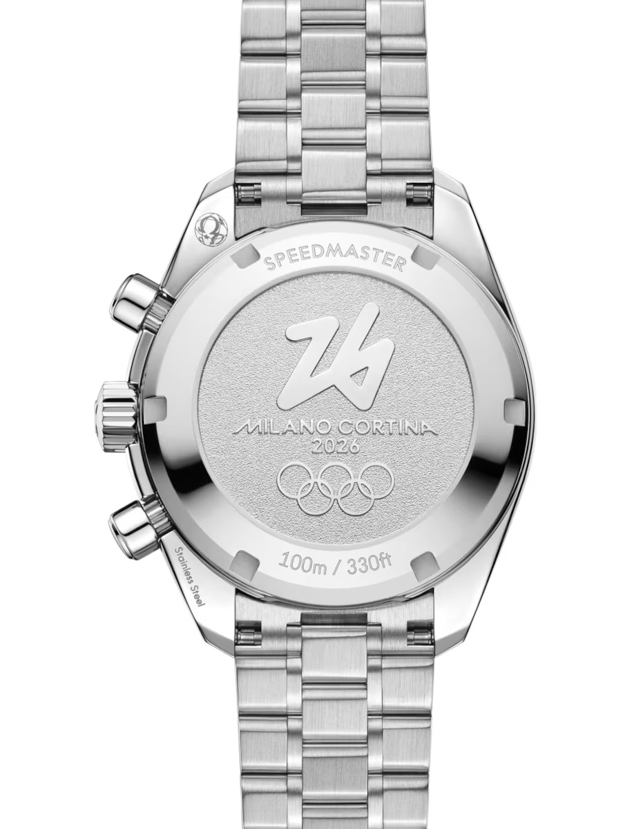 Back view of Omega wristwatch with stainless steel case and bracelet.