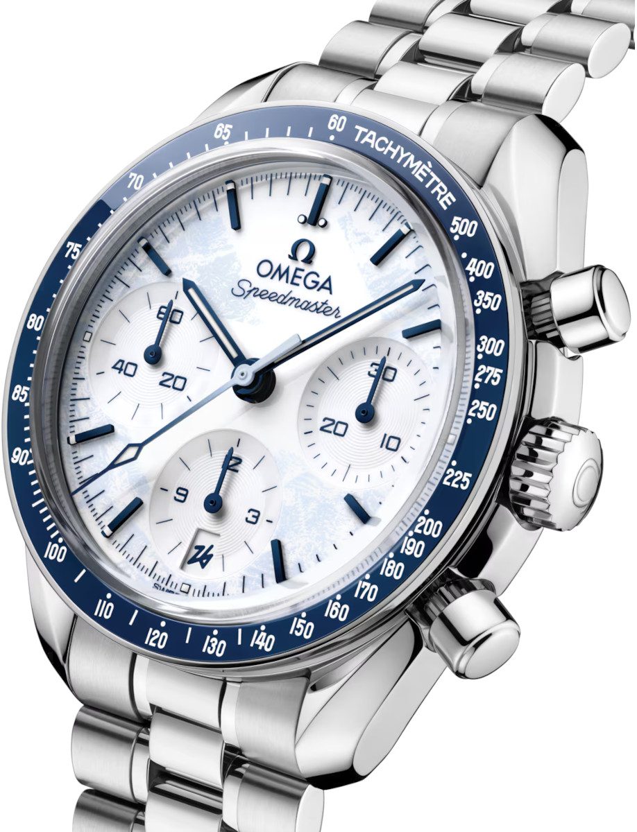 Side view of Omega wristwatch with stainless steel case and bracelet, and white dial.