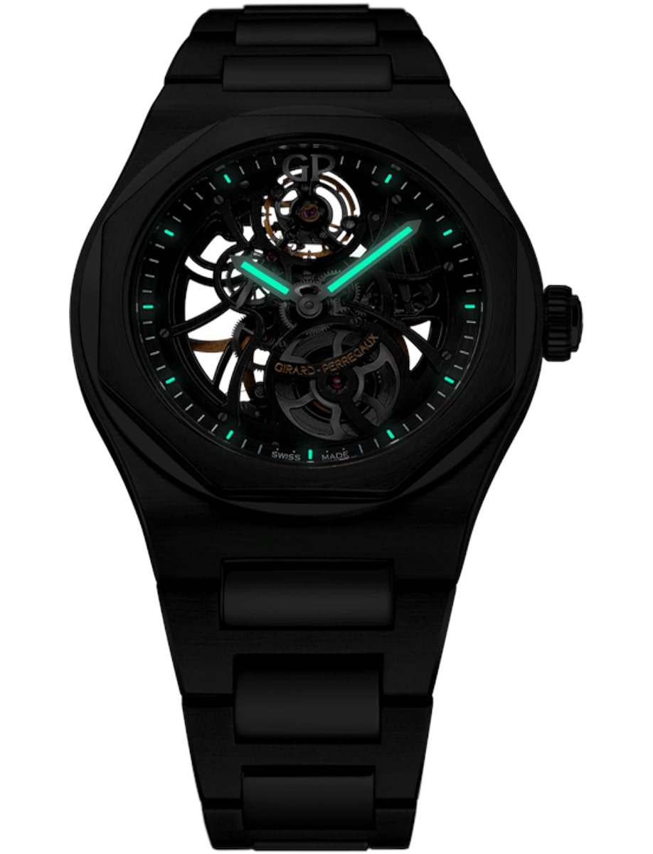 Night view of Girard Perregaux wristwatch with white gold case and bracelet skeletonized dial