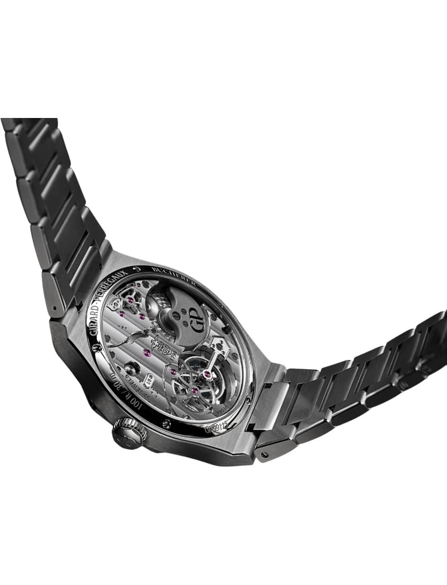 Back view of Girard Perregaux wristwatch with titanium case and bracelet and grey dial