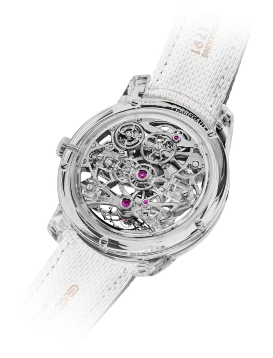 Back view of Girard Perregaux wristwatch with sapphire case and rubber strap