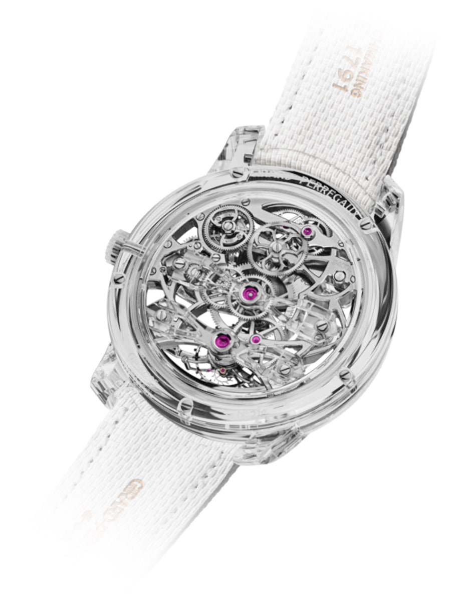 Back view of Girard Perregaux wristwatch with sapphire case and fabric strap