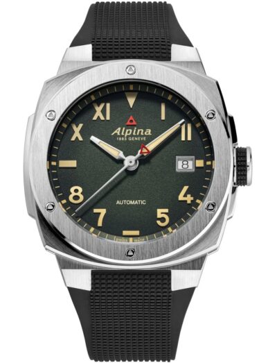 Alpina wristwatch with stainless steel case, green dial, and black rubber strap.