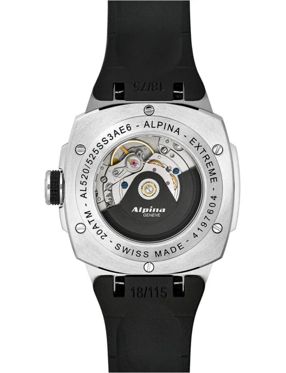 Back view of Alpina wristwatch with stainless steel case, open case back, and black rubber strap.