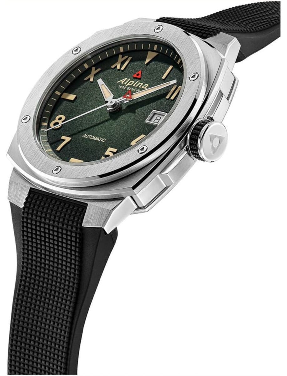 Side view of Alpina wristwatch with stainless steel case, green dial, and black rubber strap.