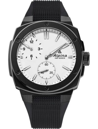 Alpina wristwatch with stainless steel case, white dial, and black rubber strap.