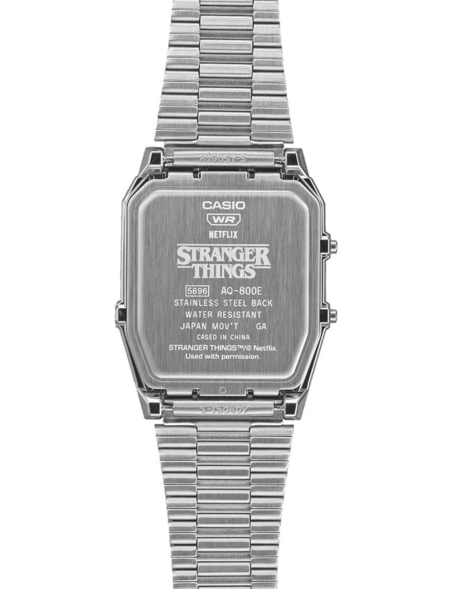 Back view of Casio wristwatch with resin case and stainless steel bracelet.