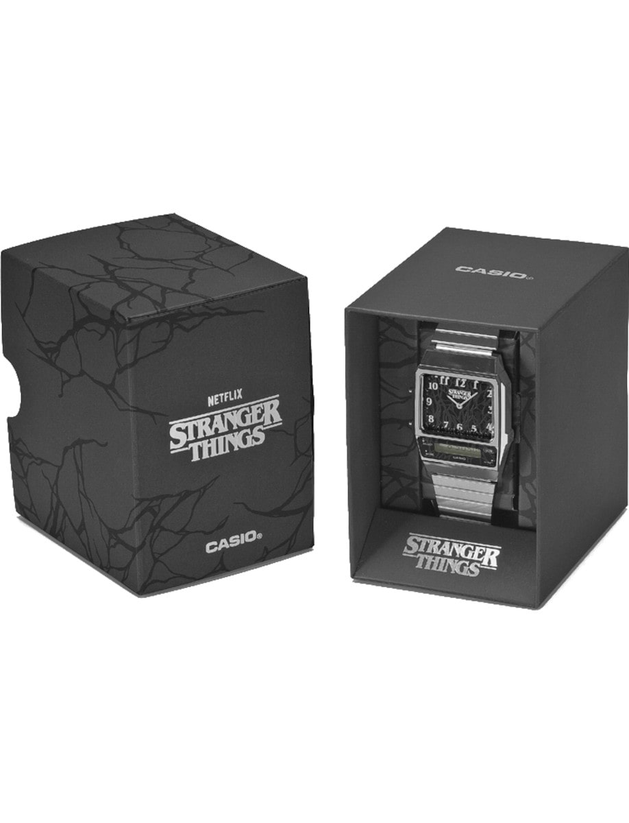 Box view of Casio wristwatch with resin case and stainless steel bracelet.