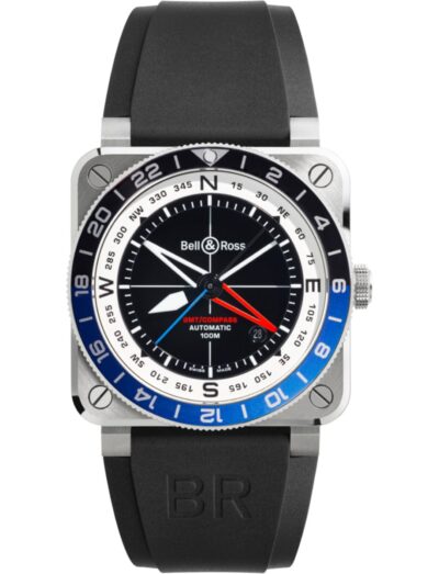 Bell & Ross wristwatch with stainless steel case, black and white dial, and black rubber strap.