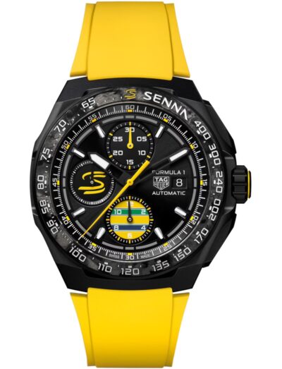 TAG Heuer wristwatch with DLC titanium case, black dial and yellow rubber strap
