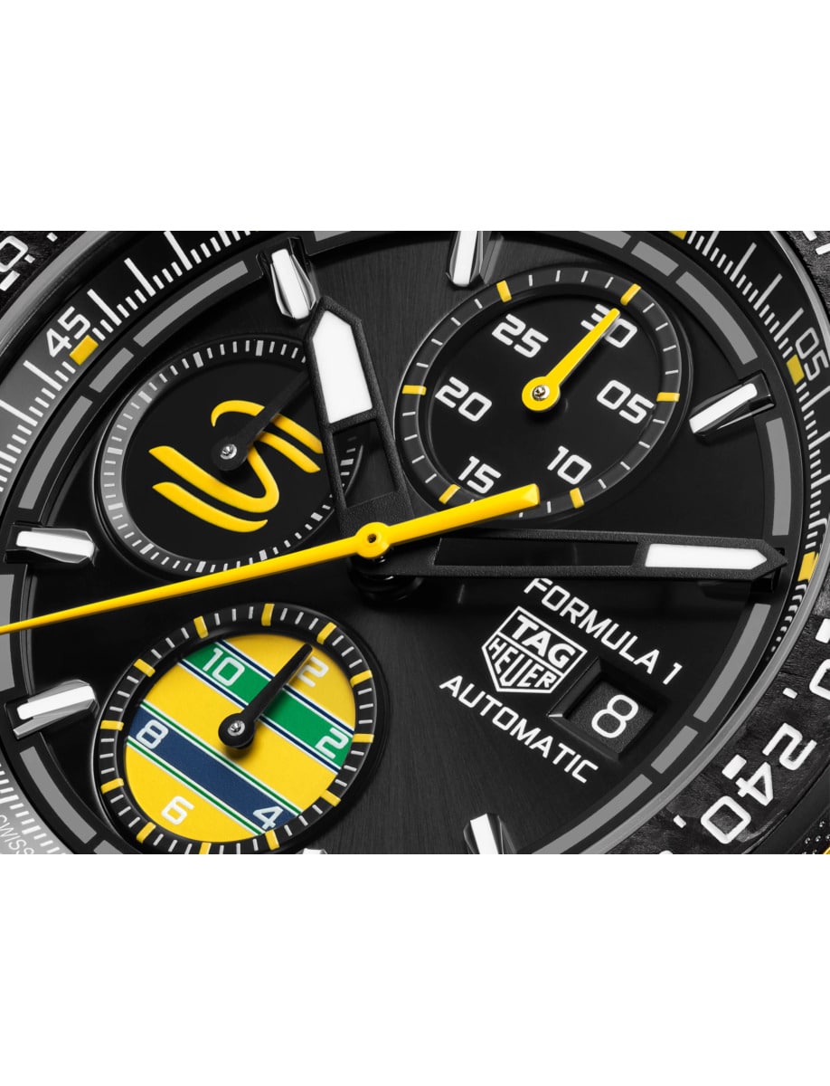 Close view of TAG Heuer wristwatch with DLC titanium case and black dial