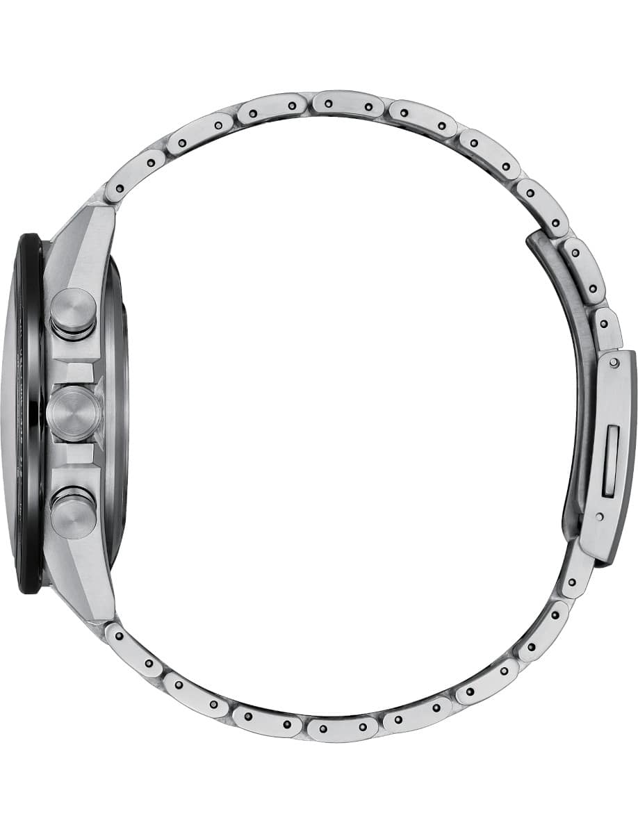 Side view of Citizen wristwatch with platinum case and bracelet, and silver-tone dial.