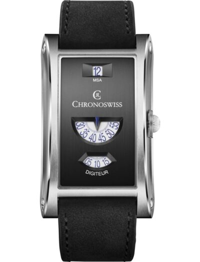 Chronoswiss wristwatch with tailored rectangular stainless-steel case, black dial, and black nubuck leather strap.