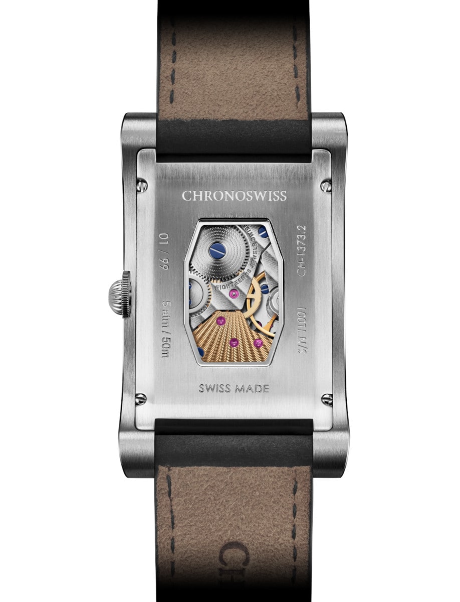 Chronoswiss wristwatch with tailored rectangular stainless-steel case, open case back, and black nubuck leather strap.